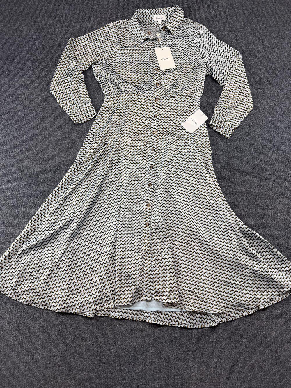 Böhme Dress Womens Small Blue Geometric Button Front Long Sleeve A-Line Maxi
